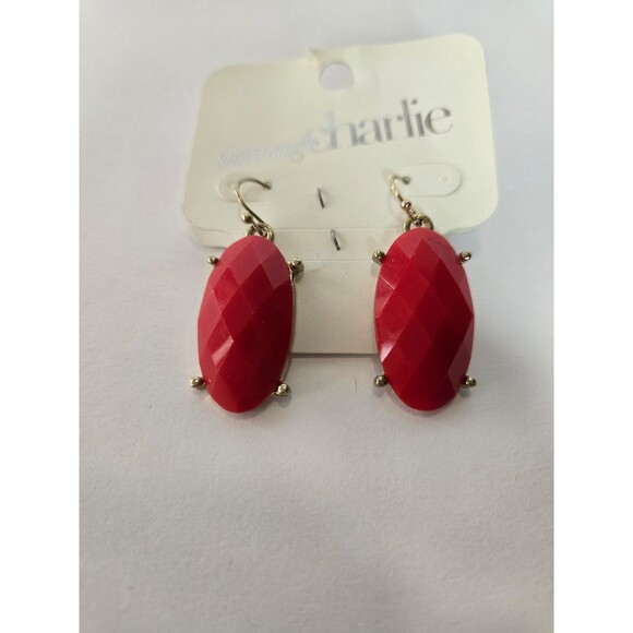 Charming Charlie's Gold Tone Dangle Earrings Red Faceted Cabachon - Picture 2 of 6